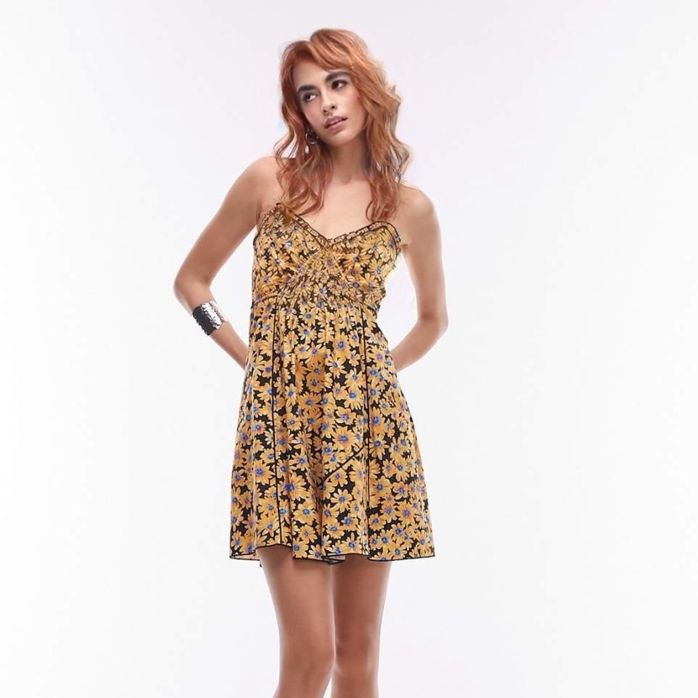 Floral Smocked Mini Dress – Yellow Boho Sundress with Spaghetti Straps